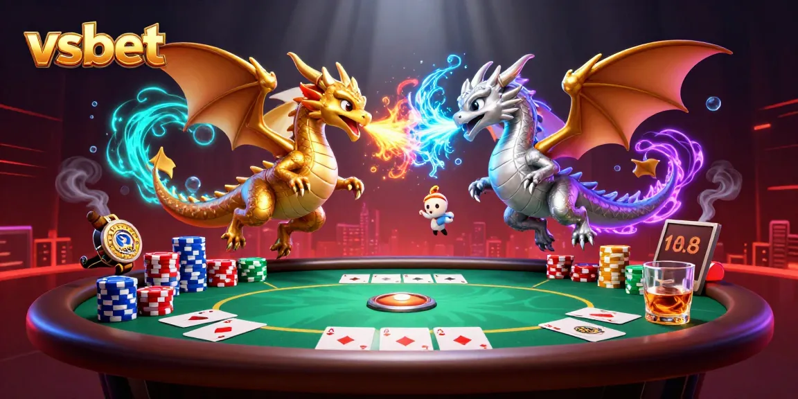 Experience thrilling moments with vsbet's dynamic 3D gambling scene featuring ornate poker elements and mythical dragons.