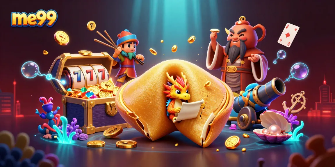 Experience excitement at me99 with a golden fortune cookie surrounded by slot reels and vibrant casino elements.