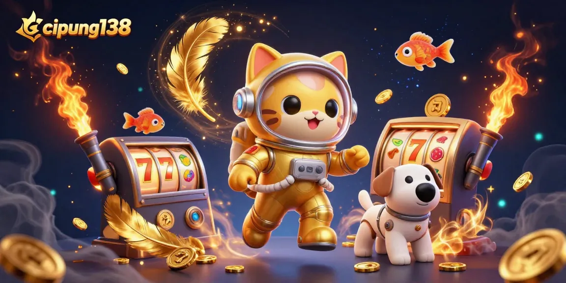 Join the excitement at cipung138 with our space-themed 3D casino illustration showcasing slots and whimsical characters.