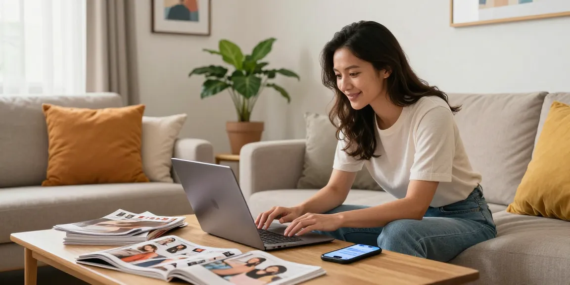 Customer browsing slot products online in a cozy living room.