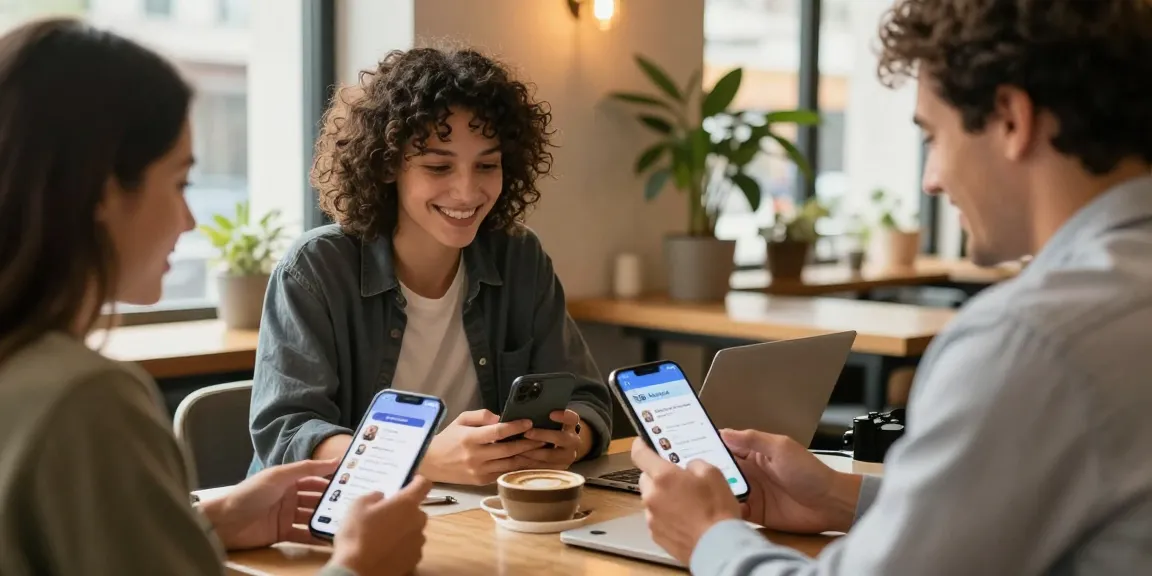 Singles using the HundRoses app in a cozy café, engaging in meaningful conversations.