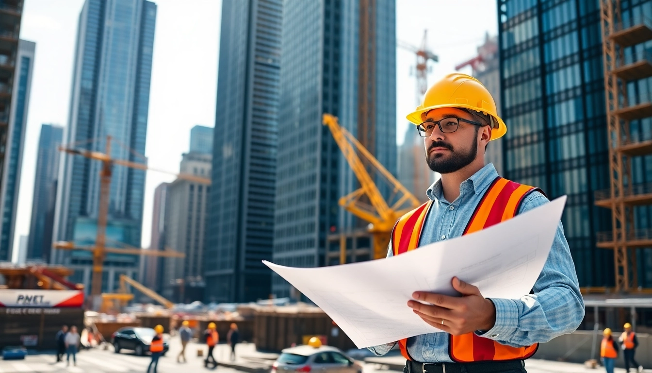Construction Manager analyzing a project in New York City, demonstrating leadership and expertise.