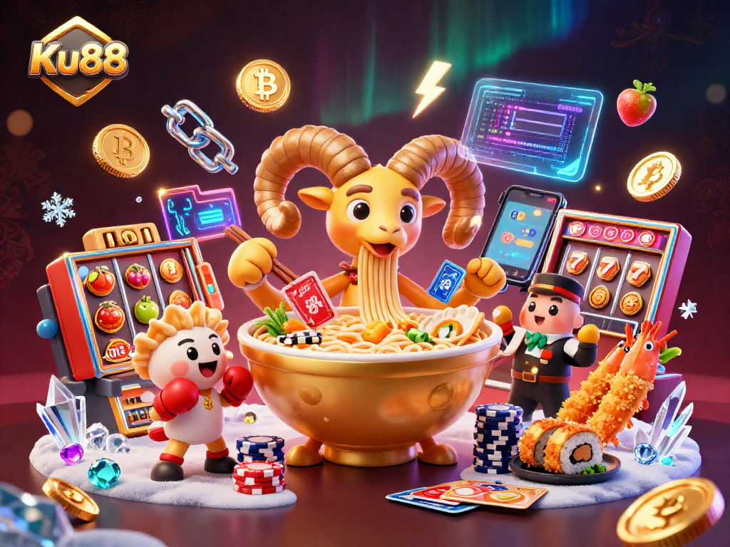 Engage with Ku88's thrilling casino world, featuring a golden ramen bowl dealer and dazzling crypto elements.