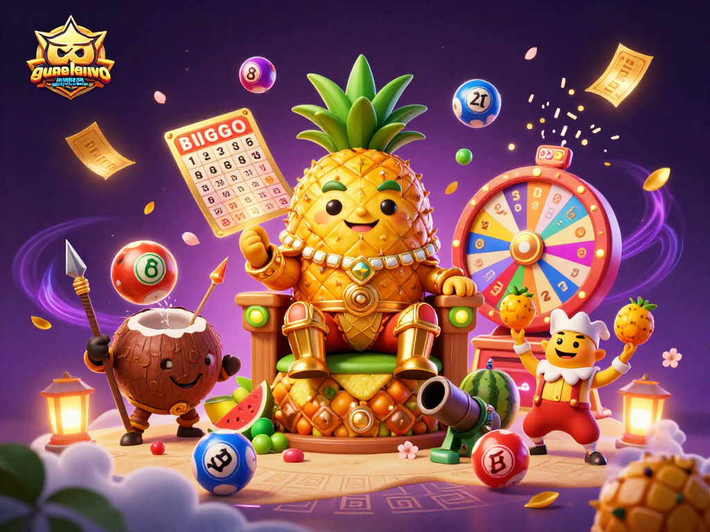 Try your luck with gamenohudoithuong, featuring an exciting casino scene of a pineapple king and vibrant jackpot elements.
