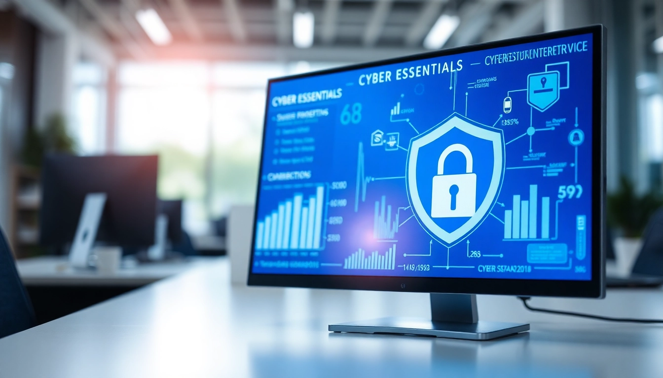 Implement cyber essentials practices with a digital shield and data protection visual in a professional office.
