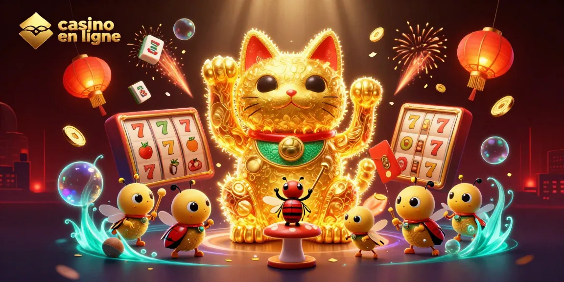 Profitez de l'énergie du casino en ligne avec un chat porte-bonheur et des symboles chanceux.