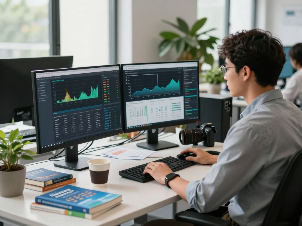 El administrador de web hosting en México monitoreando el rendimiento del servidor en una oficina moderna.