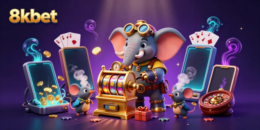 Engage in exciting games at 8kbet with a vibrant scene of a steampunk elephant engineer and whimsical companions operating a slot machine.