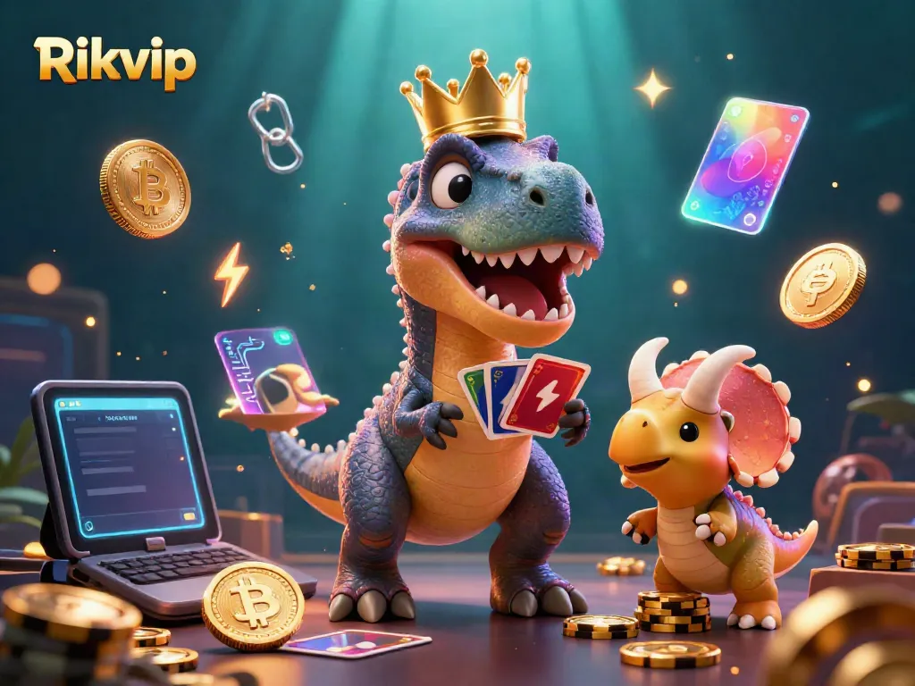 Join the fun with Rikvip as a T-Rex shuffles cards, assisted by a pterodactyl, surrounded by vibrant casino elements.