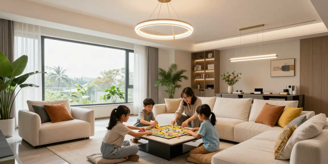 Lustra LED modernă suspendată în living, familie jucând jocuri de masă, atmosferă primitoare.