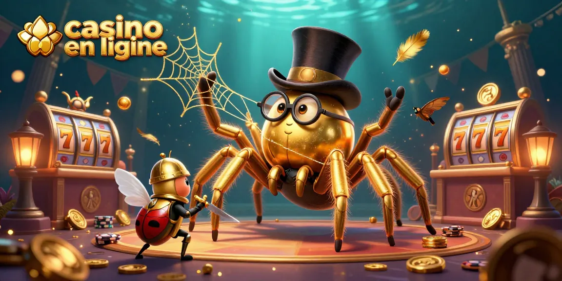 Illustration animée représentant un casino en ligne dynamique avec une tarentule géante et un chevalier scarabée.