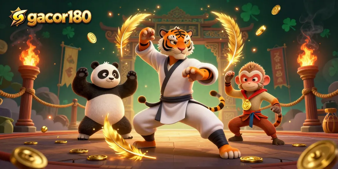 Gacor180 menampilkan tiger kung fu dengan panda dan monyet di arena bertarung yang penuh emas.