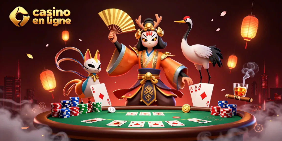 Gagnez avec le jeu de casino en ligne au milieu d'une scène dynamique et festive entourée de jetons et de cartes.