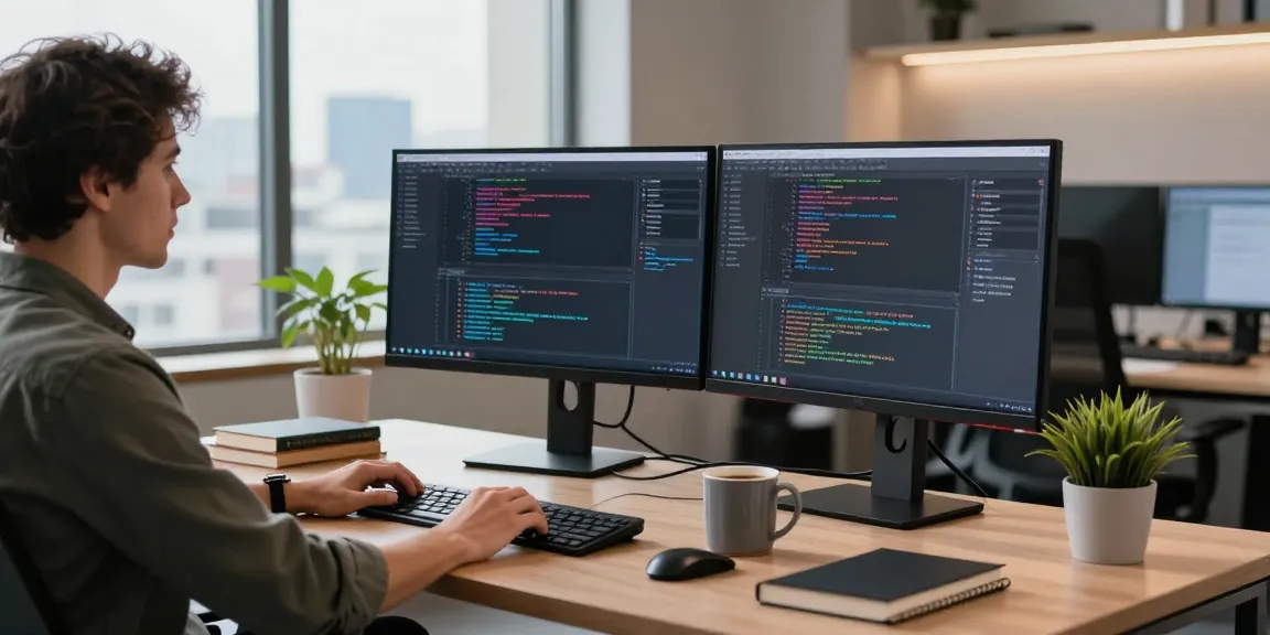 Engaged software developer at modern workspace using bdtjl tools with screens and coding books.