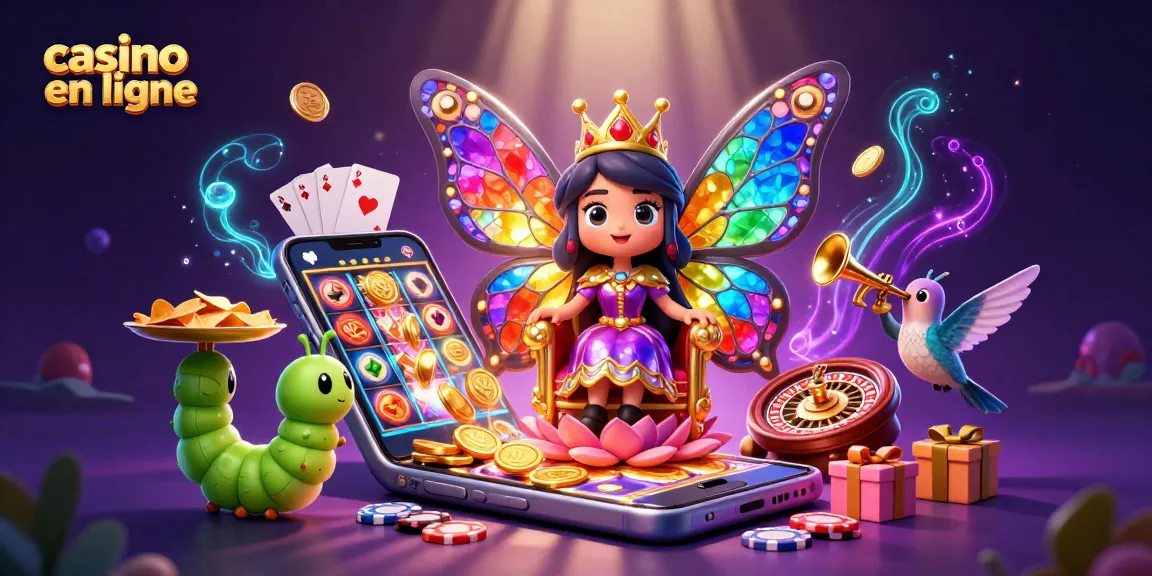 Jouez sur un casino en ligne avec la reine papillon entourée de trônes de fleurs et d'éléments de jeu.