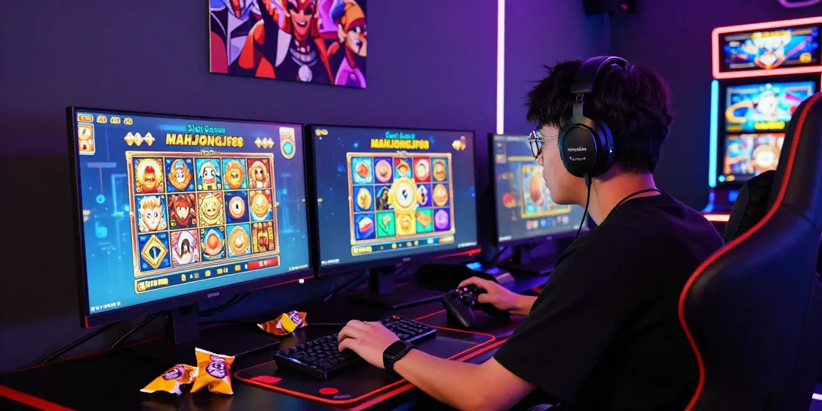 Engaging gaming atmosphere showcasing Slot Gacor MAHJONGJP88 on a computer screen in a vibrant setup.