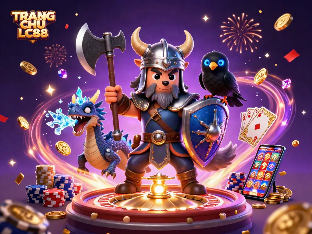 Experience excitement at TRANG CHỦ LC88 with immersive 3D illustration highlighting gaming elements.