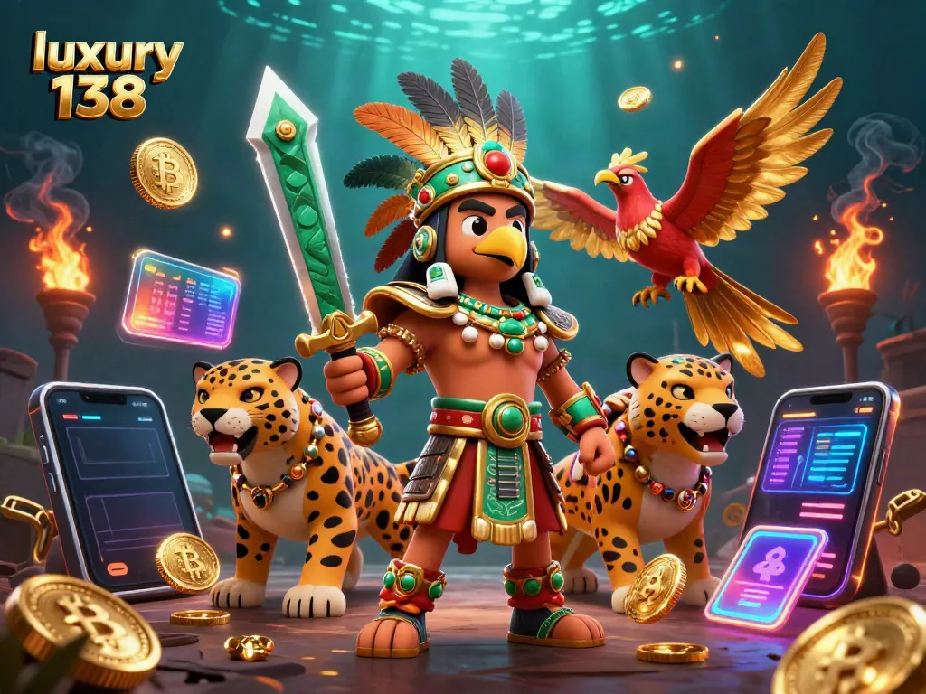 Experience luxury 138 with an Aztec warrior and digital gaming elements in vibrant 3D.
