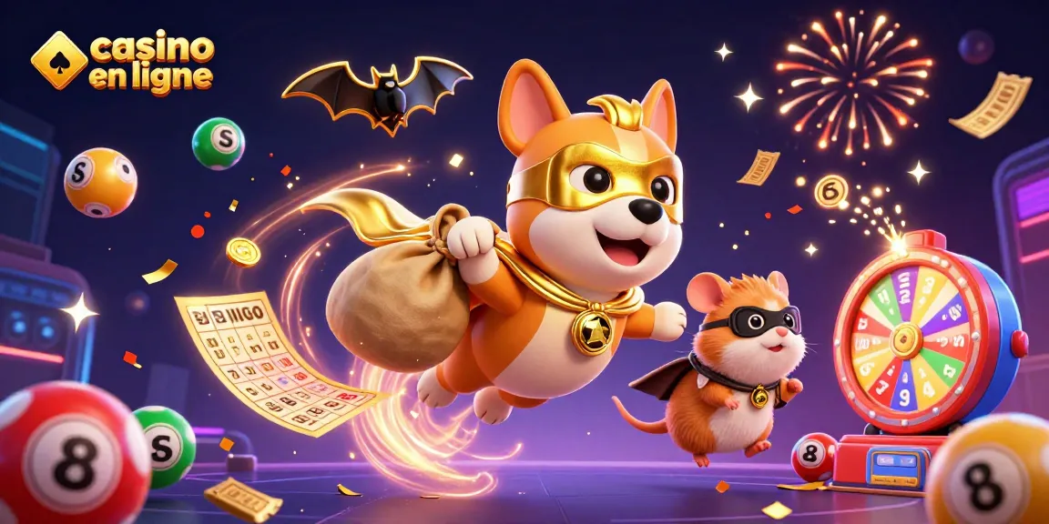 Vivez l'excitation du casino en ligne avec un super-héros canin et son acolyte hamster, entourés de jetons et de jeux captivants.