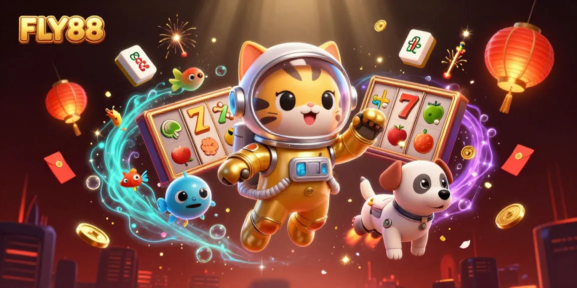 FLY88 brings adventure with a golden astronaut cat and floating casino elements in a vibrant cosmic scene.