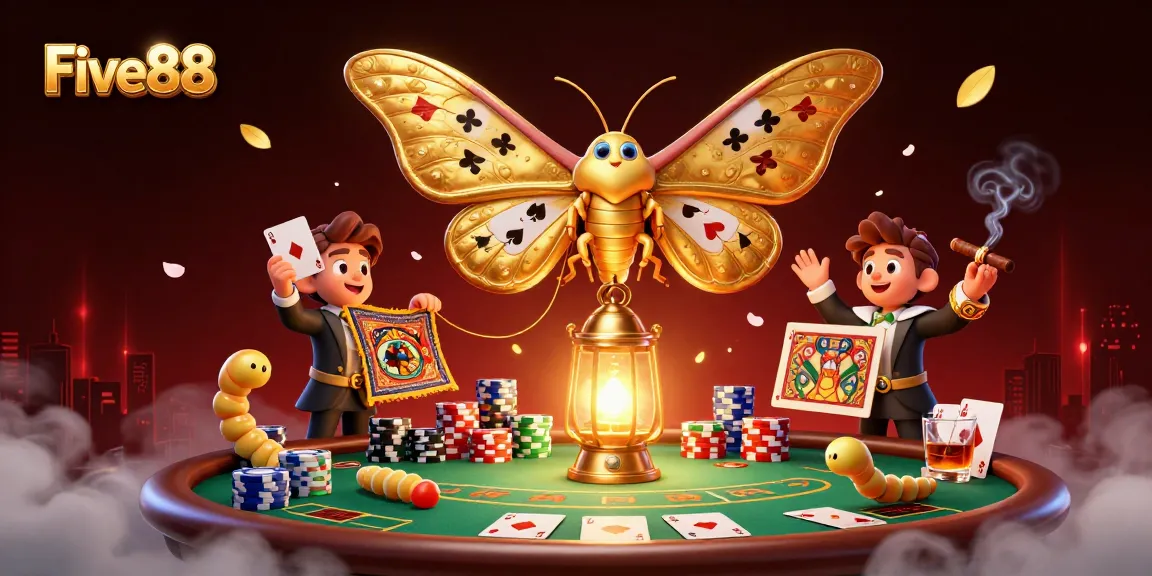 Experience Five88's thrilling casino excitement with a vibrant 3D illustration featuring poker action.