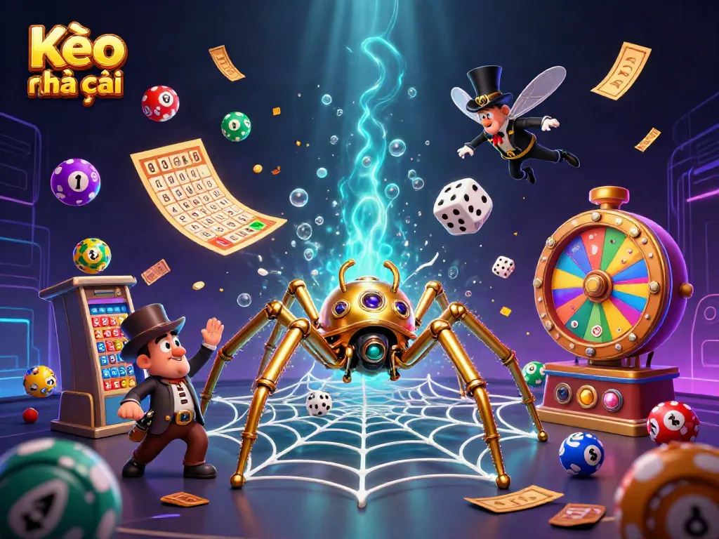 Experience thrilling Kèo nhà cái action with a whimsical steampunk spider and dynamic lottery elements in a vibrant scene.