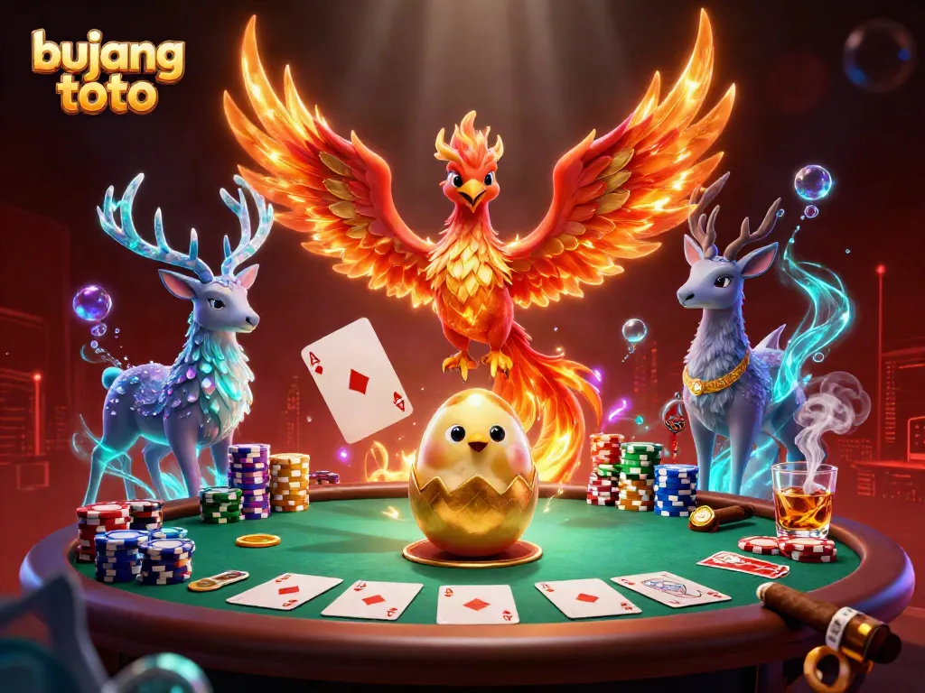 Experience the thrilling adventure of bujang toto as a phoenix soars above a vibrant poker scene.