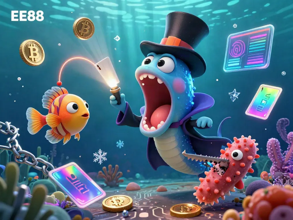 EE88 showcases a deep-sea magic act with a bioluminescent gulper eel performing card tricks surrounded by crypto elements.