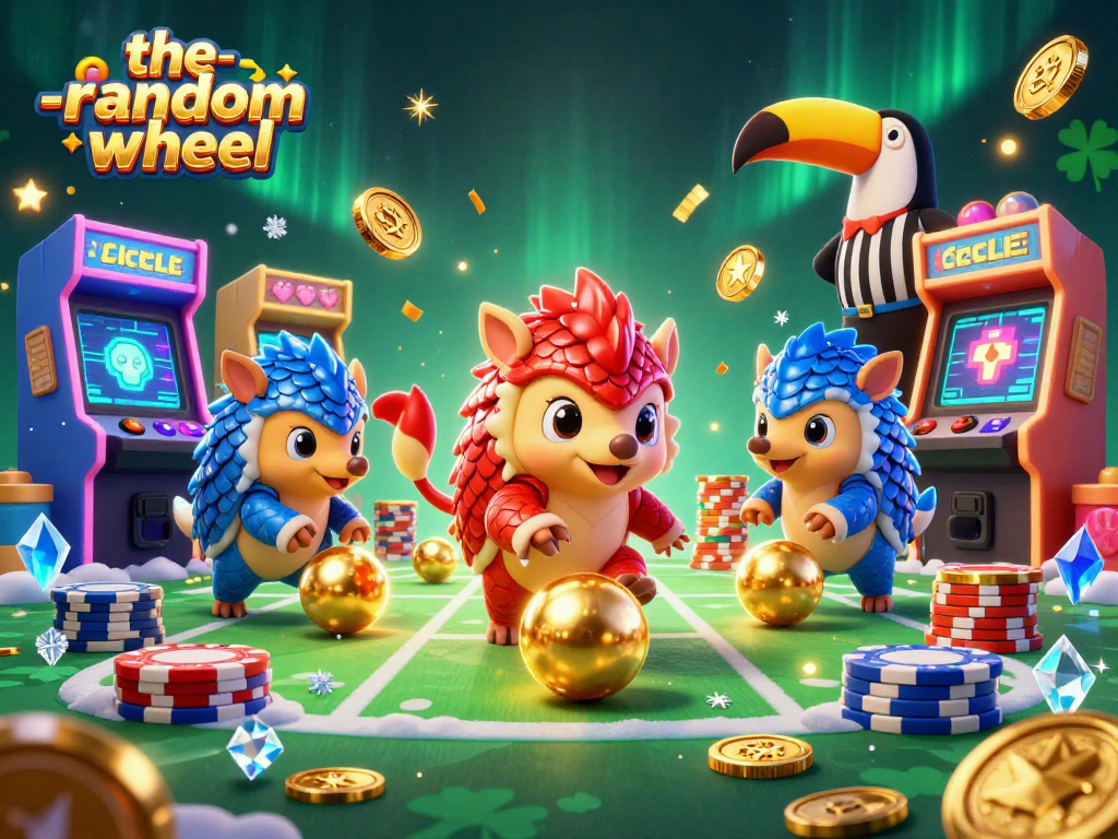 Experience thrilling moments with the-random-wheel as pangolins roll and bowl through poker chips in a vibrant casino scene.