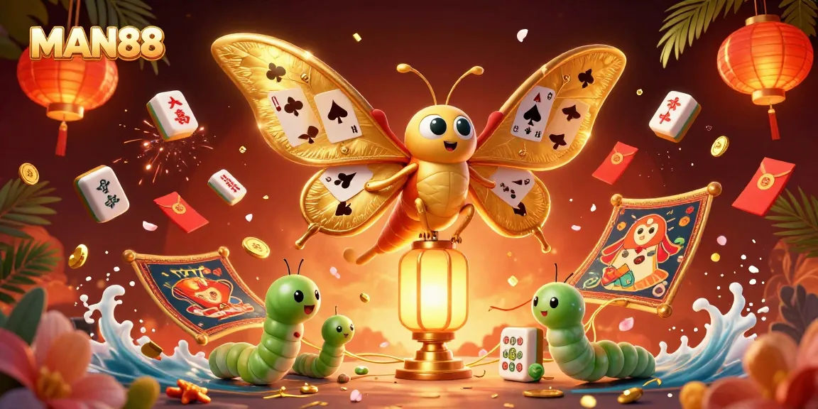 Engage with MAN88's vibrant casino experience featuring captivating golden moths and festive elements.