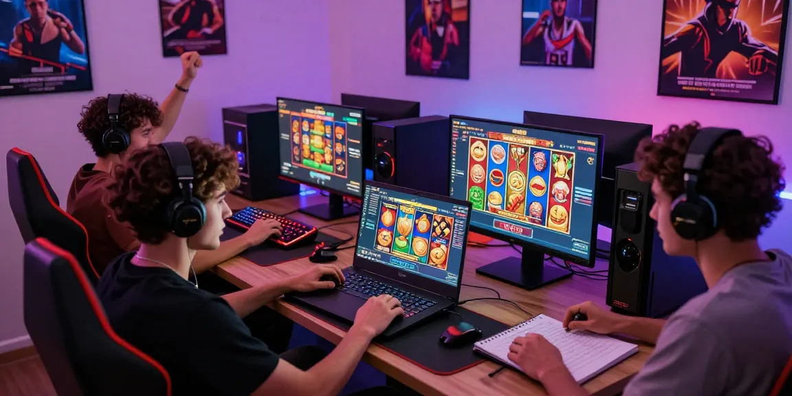 Exciting gaming scene showing players enjoying situs gacor, celebrating wins in a vibrant home environment.