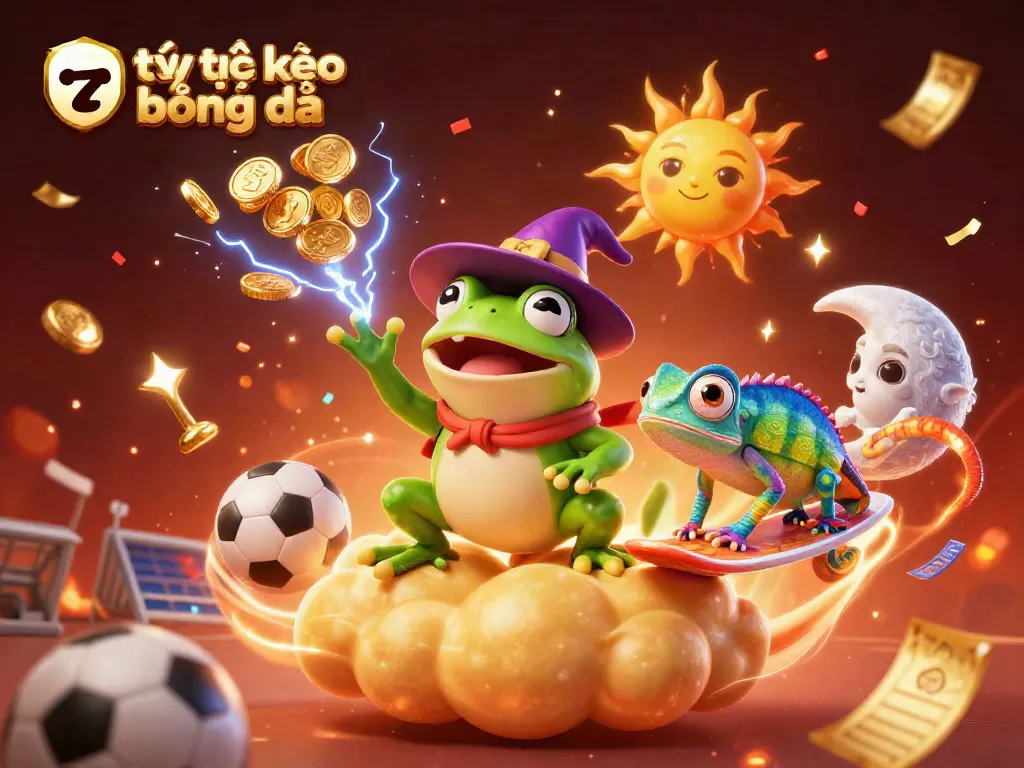 Engage with tỷ lệ kèo bóng đá as a vibrant 3D scene showcasing a betting wizard frog and sports-themed elements.