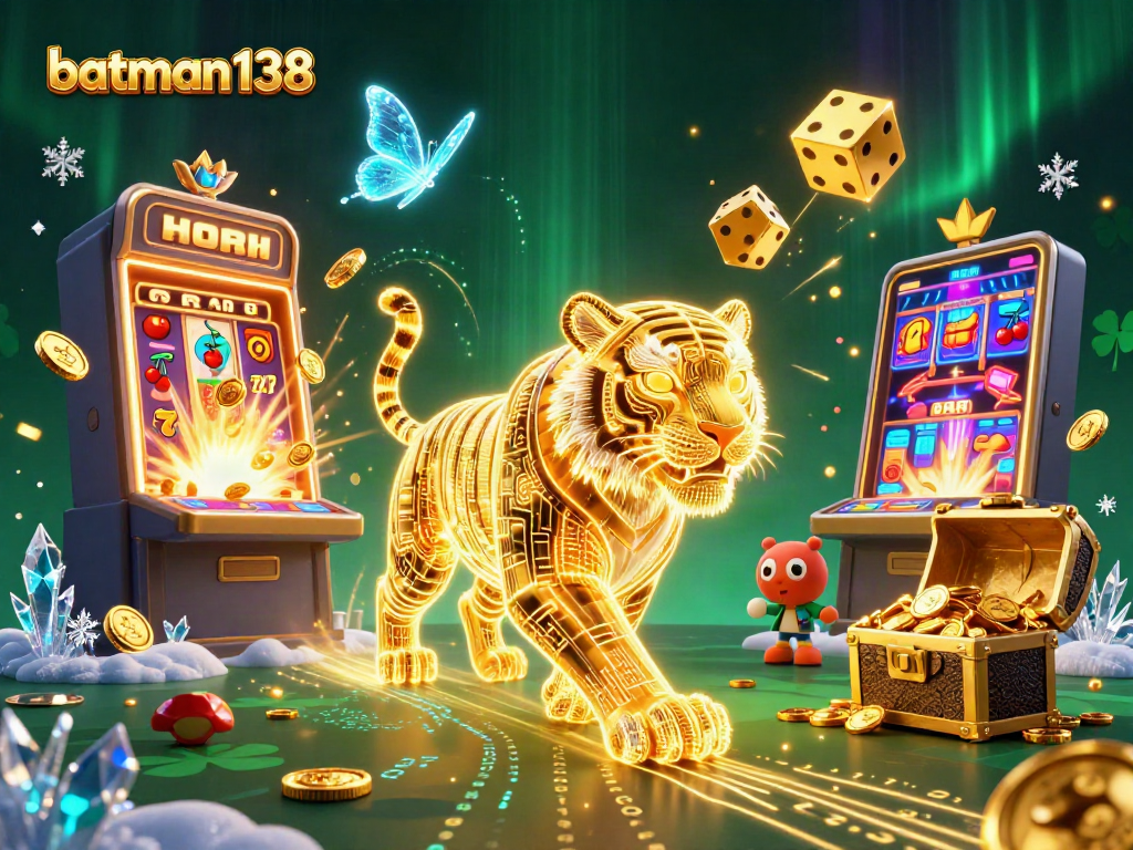 Engage with batman138 in a vibrant casino scene featuring a neon tiger, slot machines, and jackpot explosions.