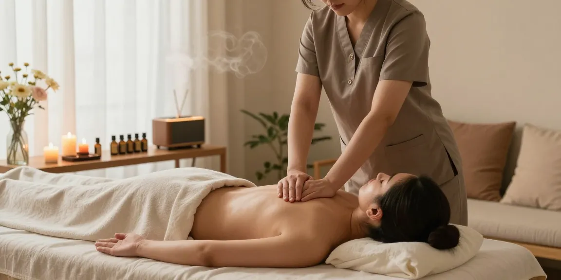 부천출장안마 in a soothing home massage therapy setting with candles and essential oils.