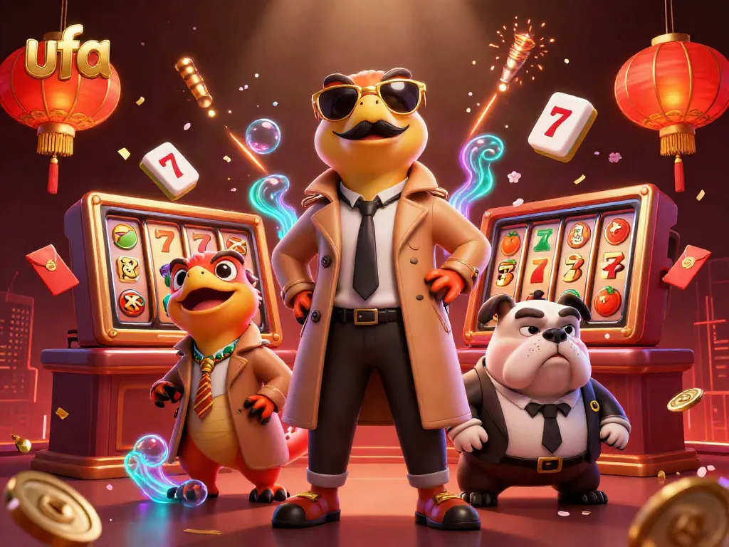 ภาพวาดการ์ตูน 3D ที่แสดงให้เห็นราฟเตอร์สามตัวในชุดโค้ตกำลังพยายามเข้าไปในคาสิโน VIP โดยมีสัญลักษณ์ ufa