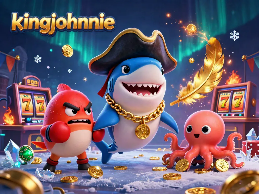 kingjohnnie reveals a cartoon shark and friends enjoying slots and gold coins in a vibrant 3D casino scene