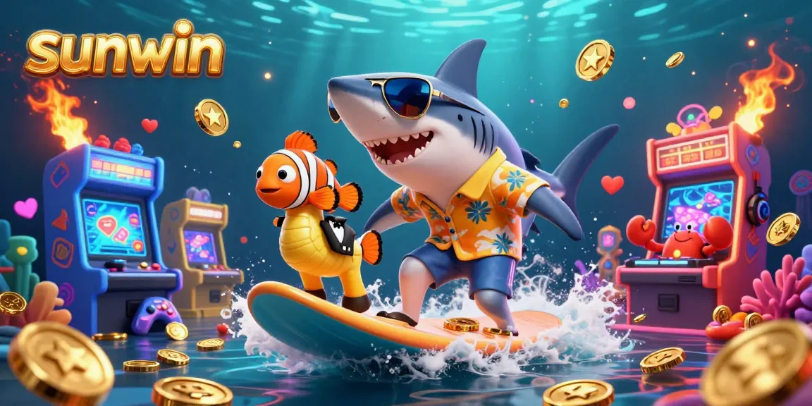 Experience sunwin's exciting games with a lively underwater scene of a shark and friends amid treasures.