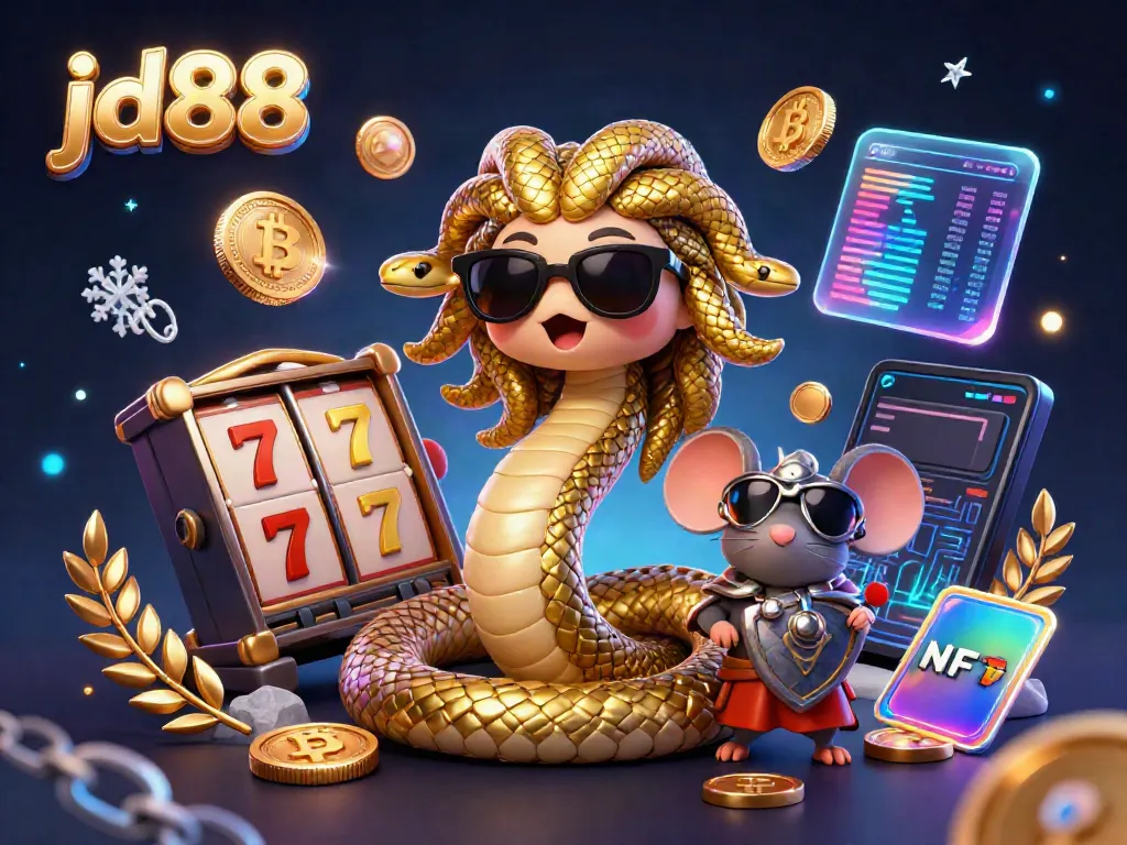 Engage with jd88's vibrant casino world featuring Medusa and a warrior mouse surrounded by slot games and cryptocurrencies.