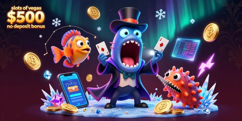 Play exciting games with slots of vegas $500 no deposit bonus showcased in this crypto-themed casino scene