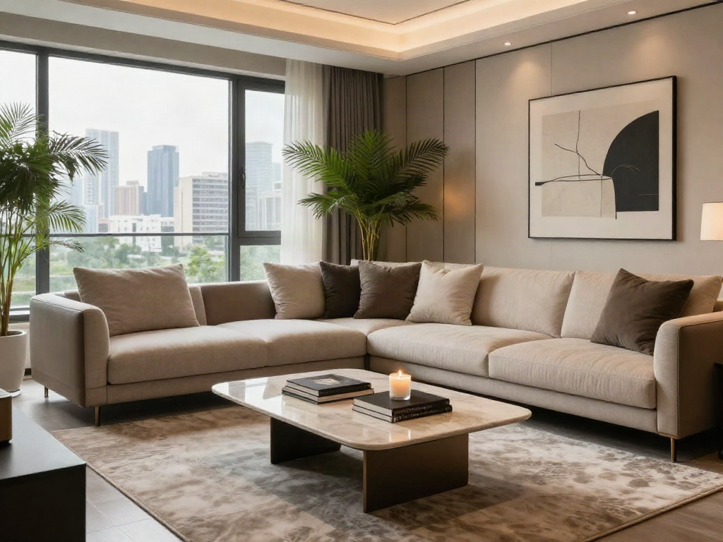 Ruangan tamu mewah luxury111 dengan sofa elegan, pencahayaan lembut, dan pemandangan kota.
