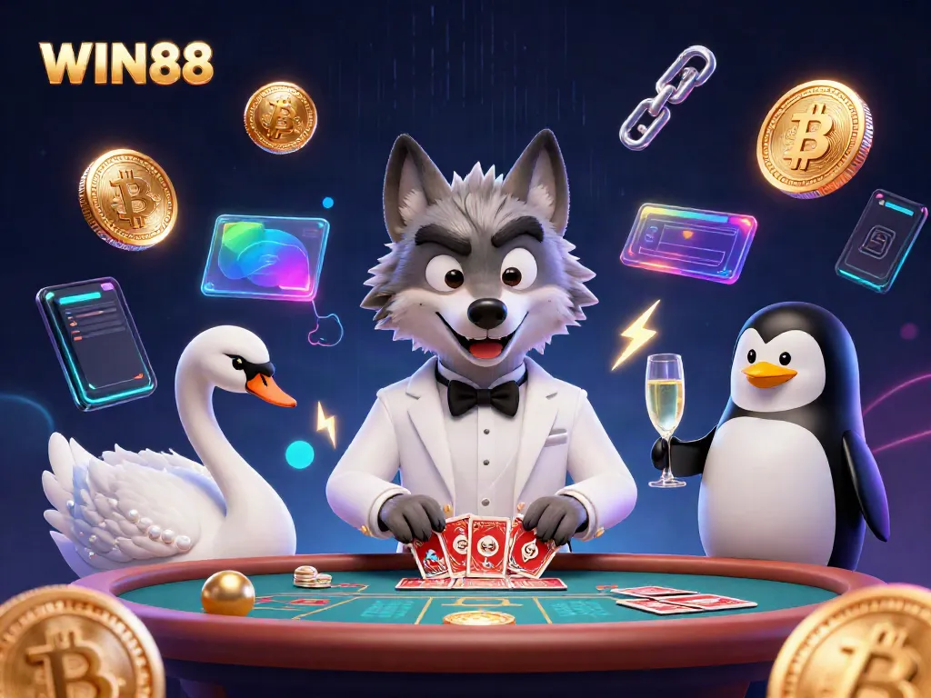 Experience WIN88 in vibrant 3D as a debonair wolf and elegant swan play cards amid digital currency!