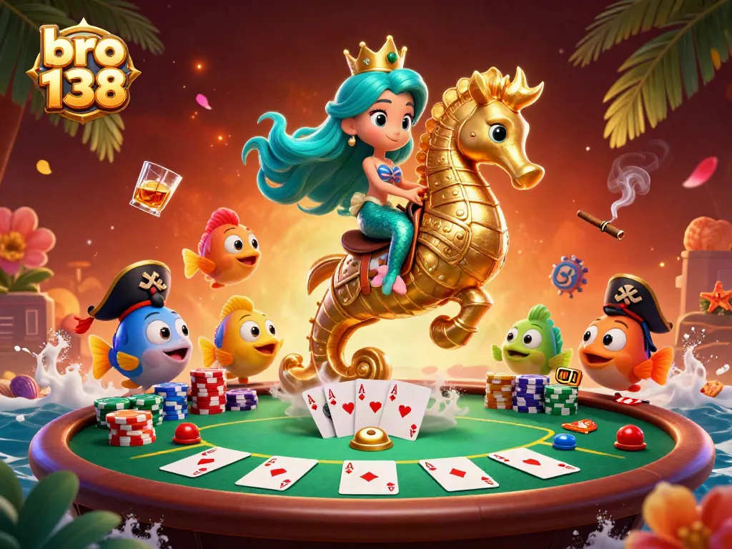 Experience thrilling gameplay with bro 138, featuring a mermaid and seahorse amidst vibrant casino elements.