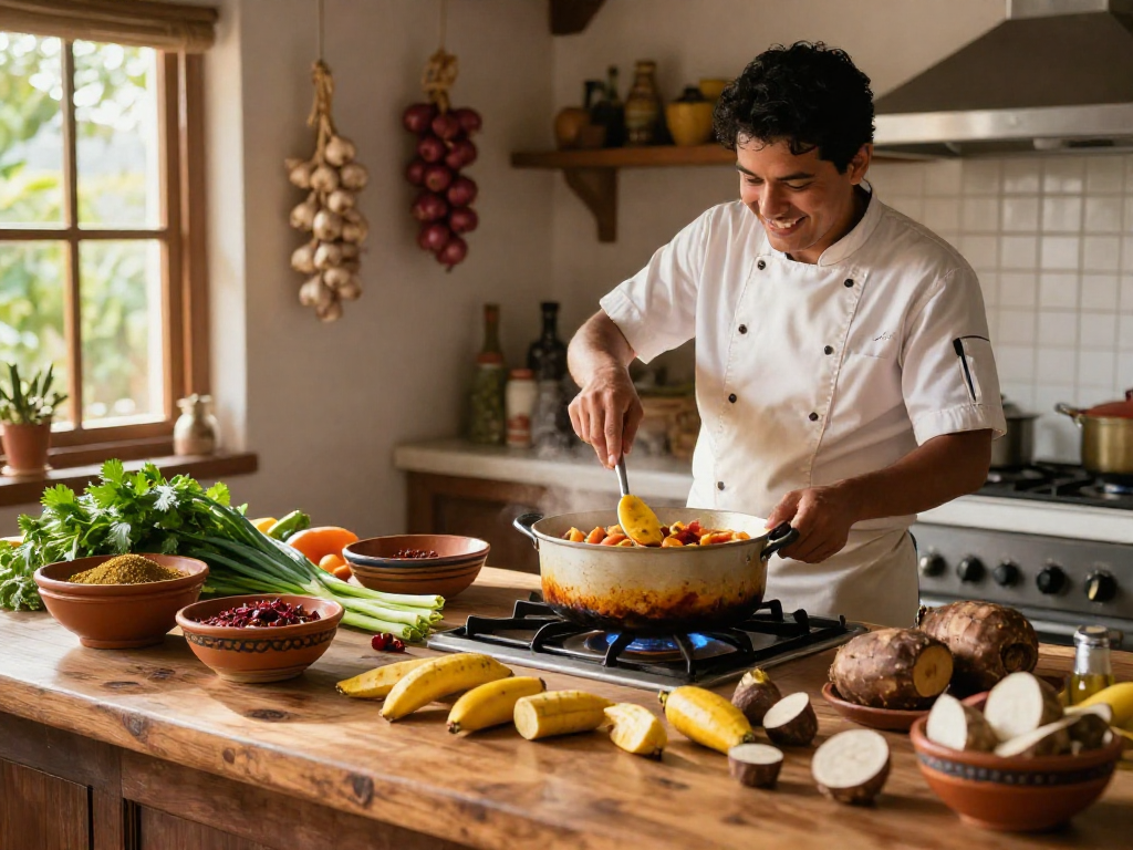 Delicious sancocho colombiano cooking in a warm kitchen, showcasing fresh ingredients and vibrant herbs for the best sancocho colombiano near me.