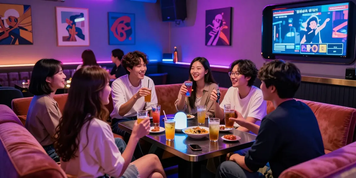 인천쓰리노에서 친구들이 노래를 즐기고 있는 활기찬 밤문화 장면