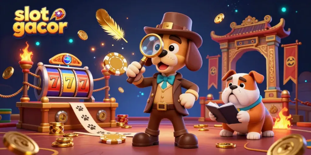 Engage in slot gacor thrills with a cartoon detective and Watson amidst vibrant casino elements