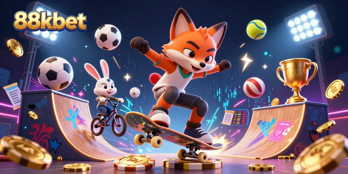 Experience exhilarating gameplay at 88kbet with engaging casino-themed 3D illustration featuring dynamic characters and rich gaming elements.