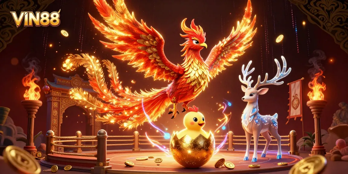 Experience the thrill of VIN88 online gaming with dynamic phoenix and mystical stag in vibrant casino illustration.
