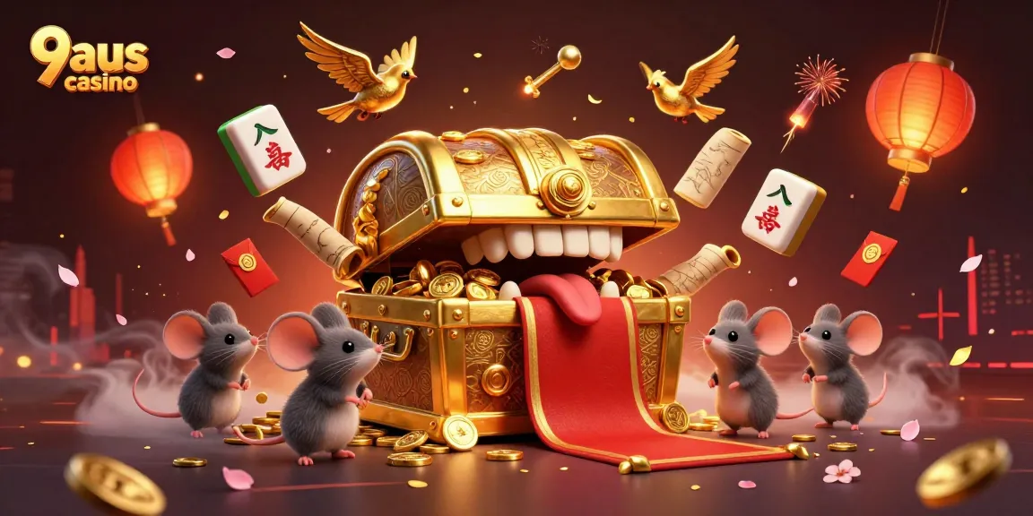 Engage with 9aus casino's treasure chest event luring adventurer mice with dazzling riches and festive game elements.