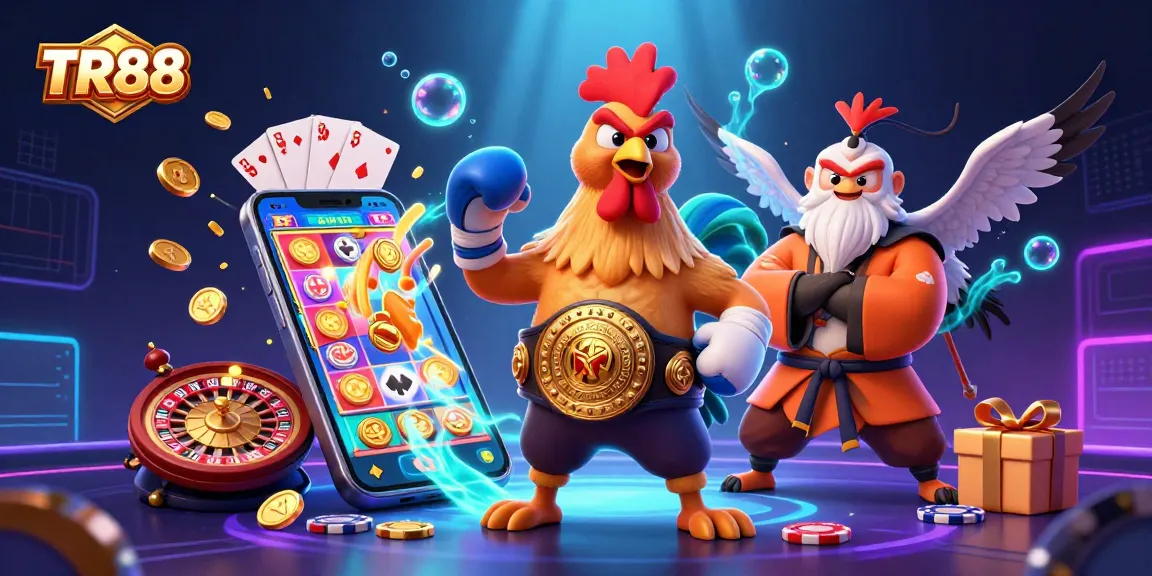 Engage with TR88 as the dynamic Muay Thai rooster and Shaolin monkey showcase a colorful slot game scene.