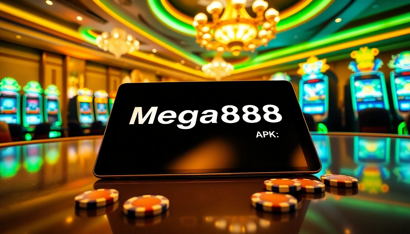 Mainkan Mega888 APK dengan suasana kasino yang mewah dan tablet berkilat.